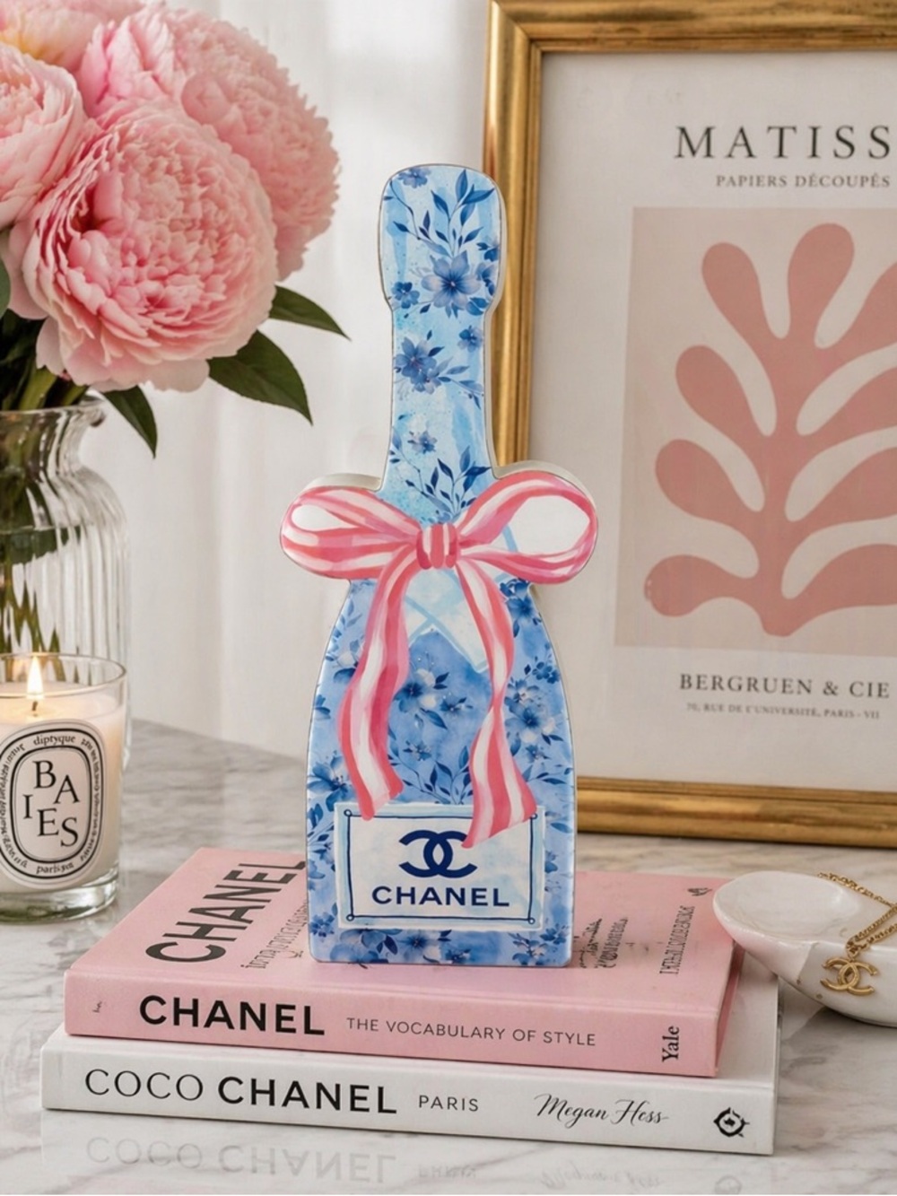 Chanel Floral Champagne Bottle Wall Home Decor Blue Pink Bow luxury Art NWT